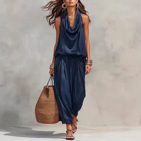 Conjunto Casual Elegante de Mujer con Cuello Drapeado Sin Mangas Top y Pantalones Largos Color Sólido