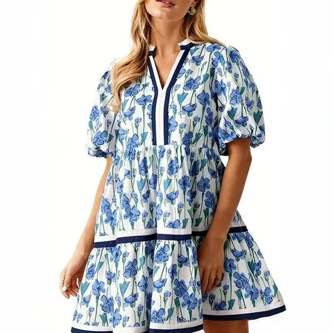Women's Casual Floral Print V-Neck Short Sleeve Princess Dress Midi Sweet Style Loose Knit Dress For Women