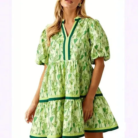 Women's Casual Floral Print V-Neck Short Sleeve Princess Dress Midi Sweet Style Loose Knit Dress For Women