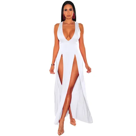 Women Sexy Deep V Neck High Split Long Dress Slim Fit Sleeveless Elegant Party Night Club Bandage Maxi Dress