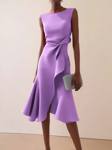 Vestido Midi Elegante de Corte Ajustado con Cuello Redondo y Sin Mangas de Color Sólido para Mujer, Casual para Banquetes y Fiestas Formales