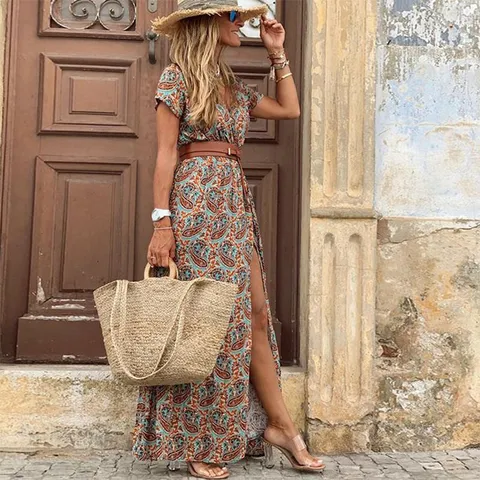 Vestido Maxi Estampado de Manga Corta con Cuello en V Bohemio para Mujer Corte Regular Vestido Largo Vacaciones de Verano Ropa de Playa