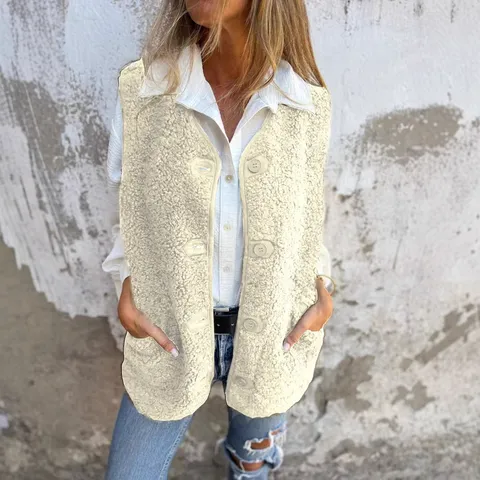 Women Casual Fleece Button Vest Jacket Winter Warm Sleeveless Outerwear Solid Color Retro Style V Neck Single Breasted Waistcoat