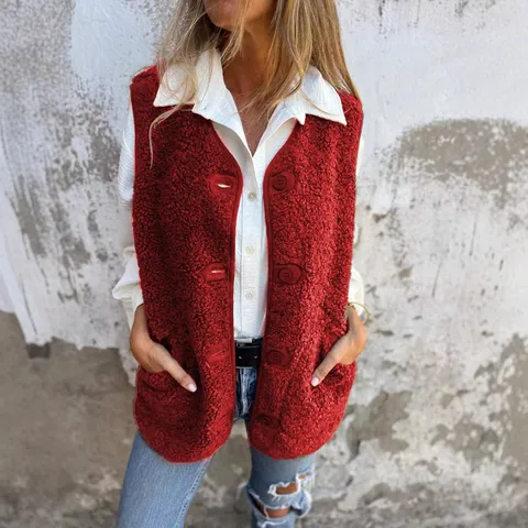 Women Casual Fleece Button Vest Jacket Winter Warm Sleeveless Outerwear Solid Color Retro Style V Neck Single Breasted Waistcoat