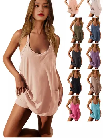 Women's Casual Solid Color Pocket Cami Short Active Dress Summer Fashion Sleeveless U-Neck A-Line Dress Women Clothing