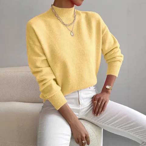 Maglione Casual a Manica Lunga con Collo Alto da Donna Tinta Unita Lavorato a Maglia Moda Autunno Inverno