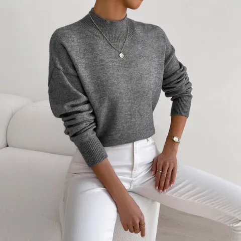 Maglione Casual a Manica Lunga con Collo Alto da Donna Tinta Unita Lavorato a Maglia Moda Autunno Inverno