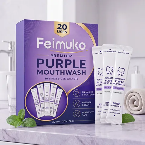 Feimuko Purple Mouthwash Fresh Mint Portable Individual Sachets Alcohol Free Breath Freshener Oral Hygiene Liquid Daily Use