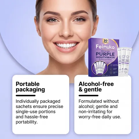 Feimuko Purple Mouthwash Fresh Mint Portable Individual Sachets Alcohol Free Breath Freshener Oral Hygiene Liquid Daily Use
