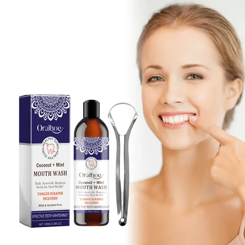 Oralhoe Coconut Mint Mouthwash Breath Freshener Oral Care Liquid With Stainless Steel Tongue Scraper For Daily Hygiene