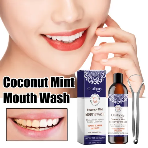 Oralhoe Coconut Mint Mouthwash Breath Freshener Oral Care Liquid With Stainless Steel Tongue Scraper For Daily Hygiene