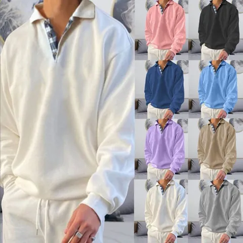Felpa Uomo Casual Polo con Colletto a Quadri a Contrasto Manica Lunga Scollo a V Top Largo Pullover Abbigliamento Uomo
