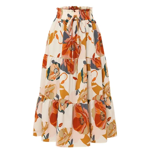 Damen Blumenmuster Gestufter Midi-Rock Elastische Hohe Taille Kordelzug Lagiger Tortenrock Lässiger Rüschenrock Für Sommer