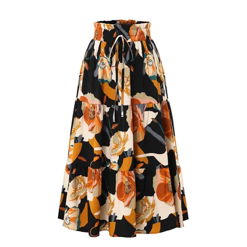 Damen Blumenmuster Gestufter Midi-Rock Elastische Hohe Taille Kordelzug Lagiger Tortenrock Lässiger Rüschenrock Für Sommer