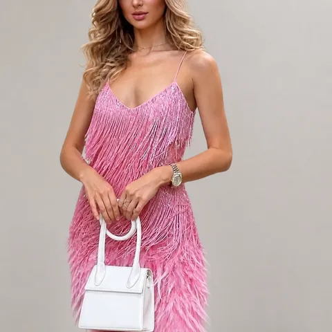 Vestido de Fiesta Sexy para Mujer con Cuello en V Lentejuelas Flecos Plumas Patchwork Sin Mangas de Pelo de Conejo de Angora Seda Ajustado Bodycon Noche Prom Mini Vestido