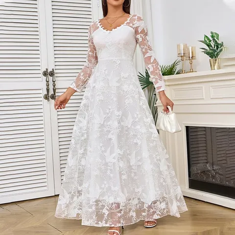 Women Elegant Off The Shoulder Lace Wedding Dress Long Sleeve Bride Gown Floral Embroidered Puff Long Skirt Evening Dress