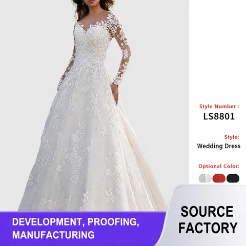 Women Elegant Off The Shoulder Lace Wedding Dress Long Sleeve Bride Gown Floral Embroidered Puff Long Skirt Evening Dress