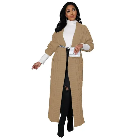 Dames Casual Lange Kabelgebreide Cardigan Losse Open Voorkant Acryl Trui Jas Met Zakken Effen Kleur Herfst Winter Outwear