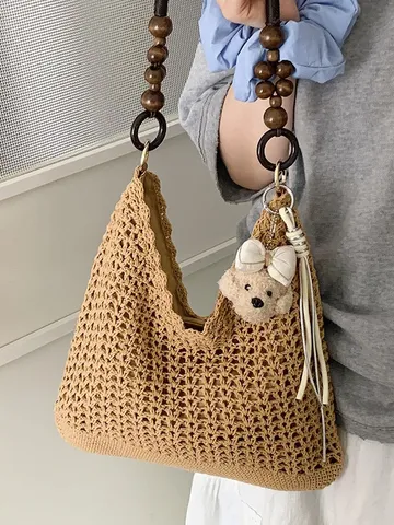 Korean Casual Cotton Woven Tote Bag Elegant Hollow Mesh Shoulder Bag With Wooden Bead Strap Beach Vacation Handbag For Women