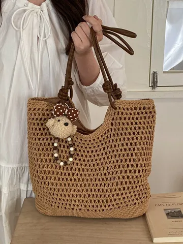 Borsa Tote in Paglia da Donna Traforato Intrecciato Borsa a Spalla Casual Spiaggia Vacanza Borsa a Mano Quotidiano Shopping