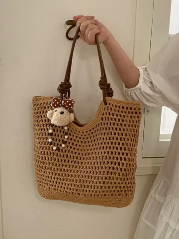 Borsa Tote in Paglia da Donna Traforato Intrecciato Borsa a Spalla Casual Spiaggia Vacanza Borsa a Mano Quotidiano Shopping
