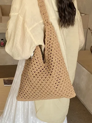 Women Hand Woven Cotton Linen Tote Bag Hollow Out Summer Beach Underarm Shoulder Bag With Pendant Starfish Seashell Holiday Bag