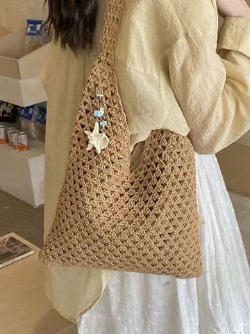 Women Hand Woven Cotton Linen Tote Bag Hollow Out Summer Beach Underarm Shoulder Bag With Pendant Starfish Seashell Holiday Bag