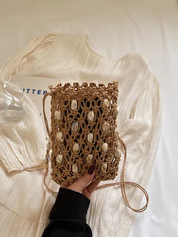 Women Woven Beaded Phone Bag Hollow Out Straw Crossbody Bag Summer Beach Vacation Handmade Shoulder Purse Casual Phone Case