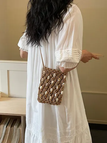 Women Woven Beaded Phone Bag Hollow Out Straw Crossbody Bag Summer Beach Vacation Handmade Shoulder Purse Casual Phone Case