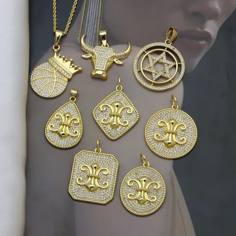 Vintage Copper Rhinestone Pendant For Necklace Plated Gold Fleur-de-lis Hexagram Bull Head Crown Basketball Charm Jewelry Gift