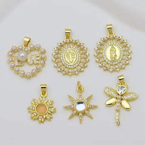 Ciondolo in Rame Placcato Oro 18K Zirconia Solo Senza Catena Cuore Stella Sole Vergine Maria Collana Charm per Donna Gioielli DIY
