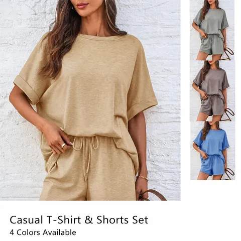 Women Summer Casual Top And Bottom Oversized Short Sleeve T-Shirt And Drawstring Shorts Lounge Wear Sports Wear Daily Vacation