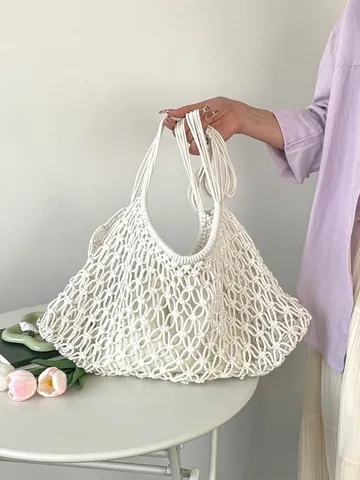 French Casual Hollow Hand Woven Cotton Linen Tote Bag For Women Summer Beach Vacation Commuter Shoulder Bag With Inner Bag