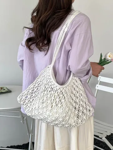 French Casual Hollow Hand Woven Cotton Linen Tote Bag For Women Summer Beach Vacation Commuter Shoulder Bag With Inner Bag