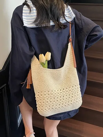 Damen Handgewebte Stroh Eimertasche Blumen Hohl Häkeln Tote Mit Lederriemen Quaste Große Kapazität Sommer Urlaub Umhängetasche