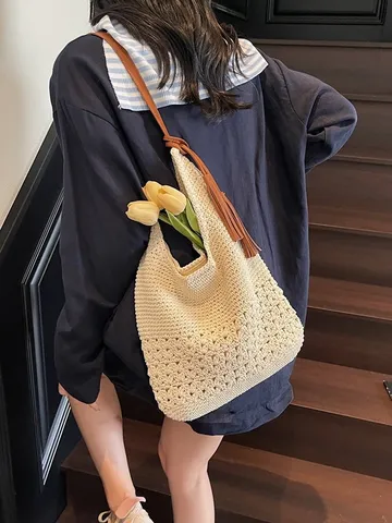 Damen Handgewebte Stroh Eimertasche Blumen Hohl Häkeln Tote Mit Lederriemen Quaste Große Kapazität Sommer Urlaub Umhängetasche
