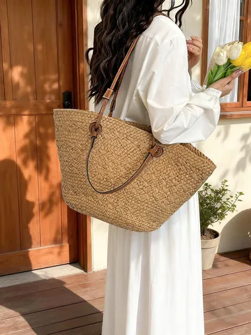 Damen Große Stroh Gewebte Tote Bag Sommer Strand Schulter Umhängetasche Handgemachte Casual Offene Handtasche Alltag Pendeln Reise Tasche