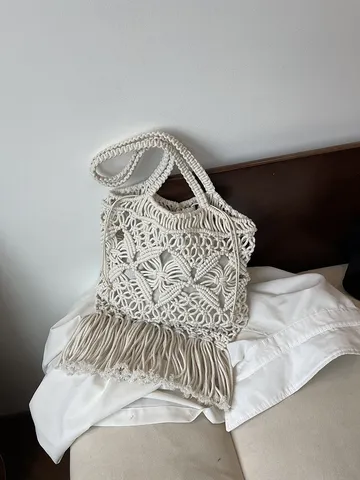 Boho Handgewebt Baumwolle Eimertasche Ausgehöhlt Blumen Quaste Schultertasche Kordelzug Resort Strandtasche Für Damen Casual Tasche
