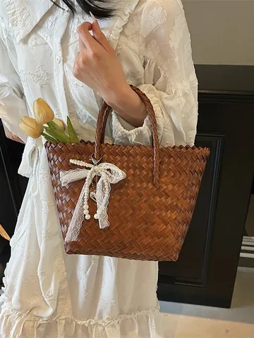 Γαλλική Vintage Ψάθινη Υφαντή Τσάντα Tote Γυναικεία Χειροποίητη με Δαντέλα και Φιόγκο από Τεχνητά Μαργαριτάρια Τσάντα Καλάθι