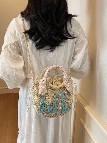 Women Straw Bucket Bag Handwoven Summer Beach Shoulder Handbag Urban Minimalist Casual Crossbody Drawstring Purse With Scarf Ribbon