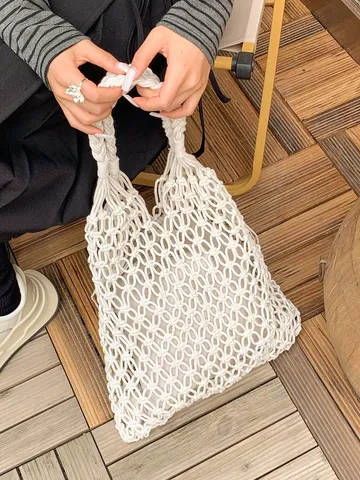 Cotton Rope Woven Tote Bag Hollow Macrame Beach Handbag Drawstring Niche Design Commuter Bag For Women