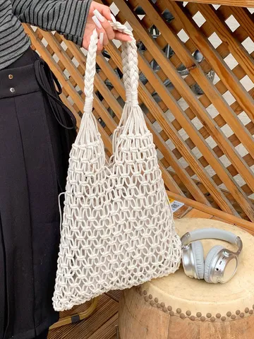 Cotton Rope Woven Tote Bag Hollow Macrame Beach Handbag Drawstring Niche Design Commuter Bag For Women