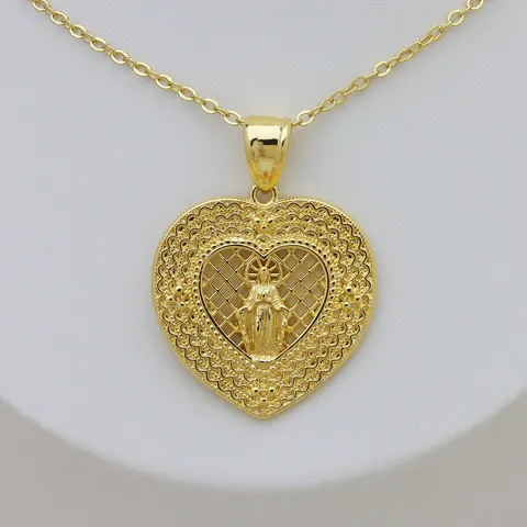 Ciondolo Religioso Vergine Maria in Rame Placcato Oro Rilievo 3D Vintage Maglia Traforata Cuore Ovale Quadrato Ciondolo Solo Senza Catena Donna