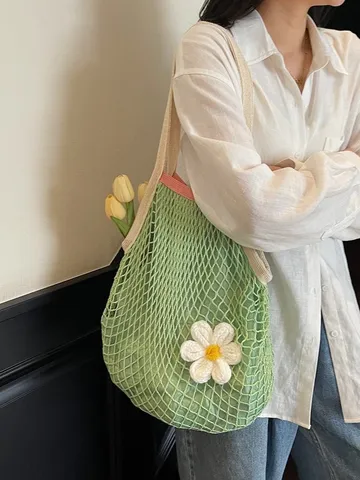 Summer Hollow Out Woven Tote Bag For Women Large Capacity Beach Vacation Handwoven Flower Crochet Shoulder Bag Crochet Handbag