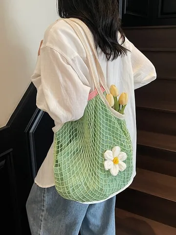 Summer Hollow Out Woven Tote Bag For Women Large Capacity Beach Vacation Handwoven Flower Crochet Shoulder Bag Crochet Handbag