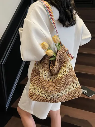 Damen Stroh Gewebte Tragetasche Große Kapazität Ausschnitt Strandtasche Casual Schultertasche Mit Buntem Gurtband Urlaub Handtasche