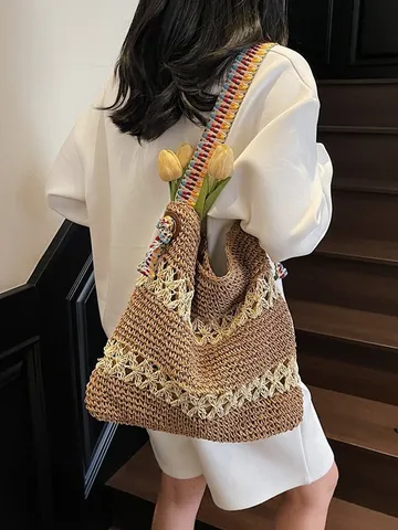 Damen Stroh Gewebte Tragetasche Große Kapazität Ausschnitt Strandtasche Casual Schultertasche Mit Buntem Gurtband Urlaub Handtasche