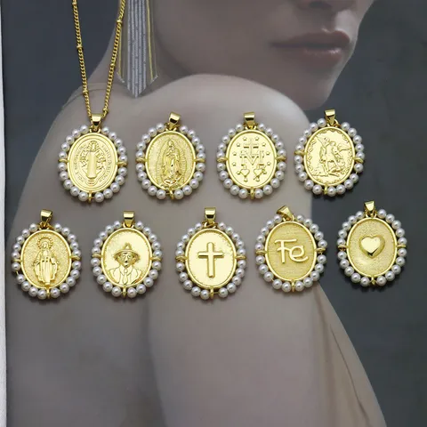 Colgante Ovalado de Latón Chapado en Oro de 18K Accesorio de Collar Con Borde de Perla Artificial Vintage Religioso Cruz Corazón Virgen María Colgante de Fe Joyería para Mujer