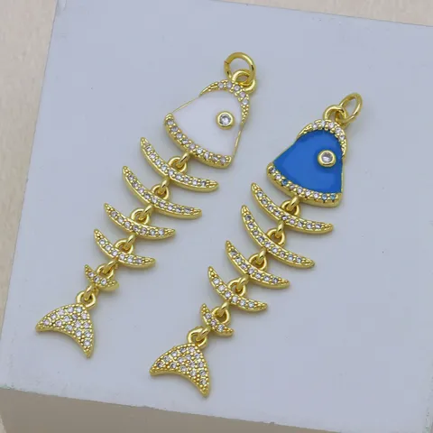 Colgante de Espina de Pescado Personalizado Dije de Collar Cobre Chapado en Oro 18K Circonia Esmalte Colgante Solo (Sin Cadena) Joyería Mujer