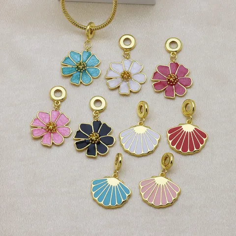 18K Gold Plated Copper Enamel Flower Shell Pendant Only For Jewelry Making DIY Fashion Floral Shell Charm Necklace Bracelet Accessories